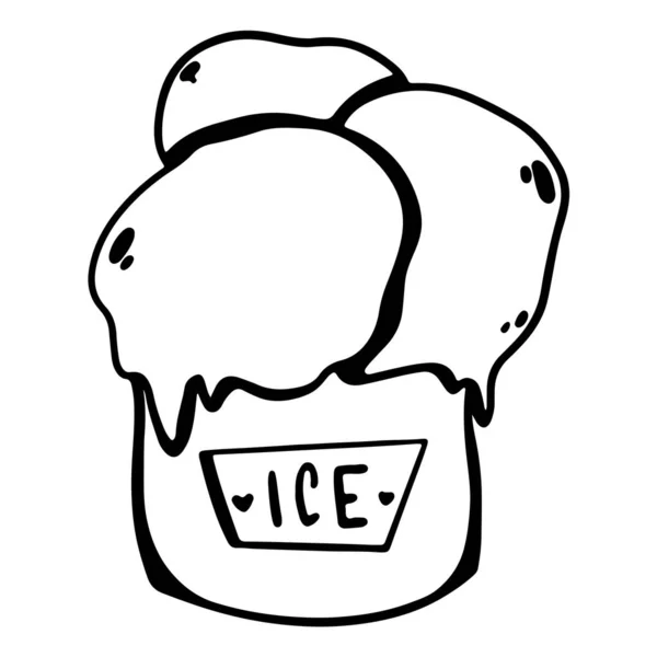 Ice cream in a waffle cup with balls. Cute outline doodle digital art. Print for stickers, menus, cards, restaurants, invitations, fabrics, banners, posters, coloring page.