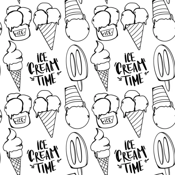 Cute Ice Cream Waffle Glass White Background Outline Doodle Seamless — Stock Photo, Image