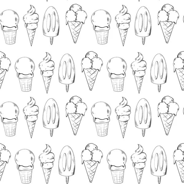 Cute Ice Cream Waffle Glass White Background Contour Sketch Seamless — Stock Photo, Image