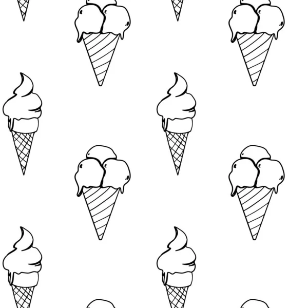 Cute Ice Cream Waffle Glass White Background Outline Doodle Seamless — Stock Photo, Image