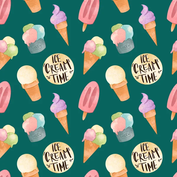 Cute Ice Cream Waffle Glass White Background Textural Digital Seamless — Stock Photo, Image