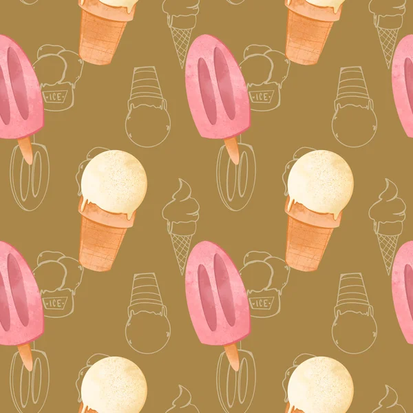 Cute Ice Cream Waffle Glass White Background Textural Digital Seamless — Stock Photo, Image