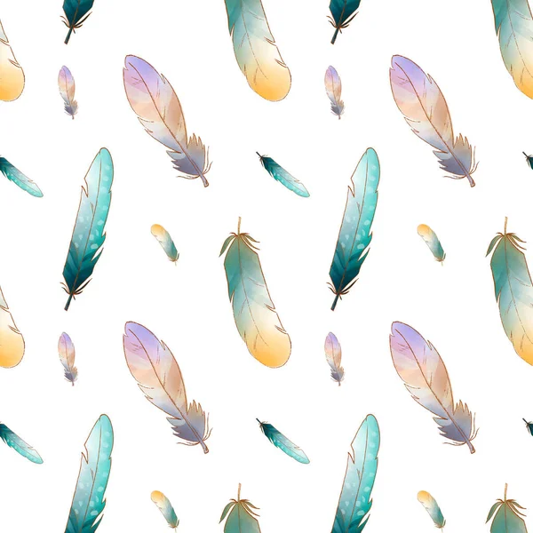 Renkli turkuaz sarı sevimli tüyler beyaz arka planda pürüzsüz desen. Dokusal suluboya dijital sanat. Kumaş, giysi, kırtasiye, afiş, kart, ambalaj kağıdı, dekorasyon.