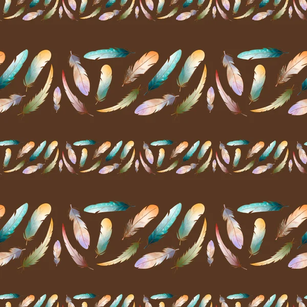 Colored Turquoise Yellow Cute Feathers Seamless Pattern Brown Background Textural — Stock Photo, Image