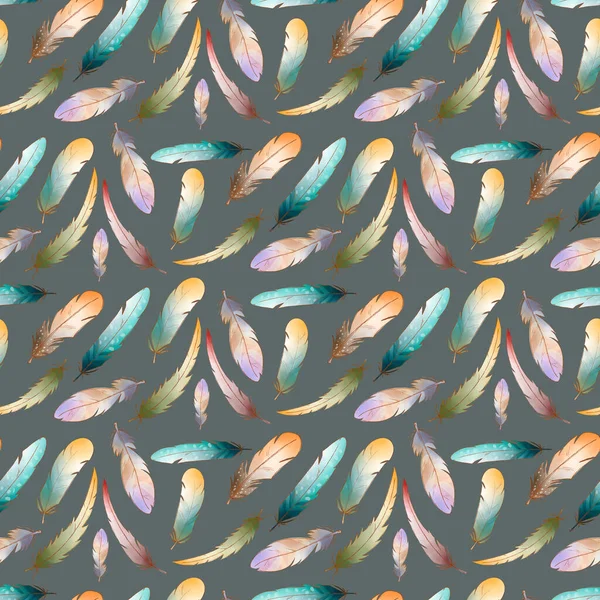 Colored turquoise yellow cute feathers seamless pattern on a gray background. Textural watercolor digital art. Print for fabrics, clothes, stationery, banners, cards, wrapping paper, decoration.