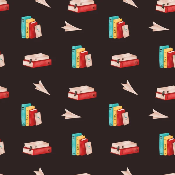 Stack of books with colorful covers. Digital art seamless pattern on a dark background. Print for banners, posters, web, posts, textiles, advertising, paper products, packaging.