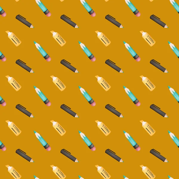 Pencil, marker, pen for writing digital art seamless pattern on a yellow background. Print for banners, posters, web, posts, textiles, advertising, paper products, packaging.