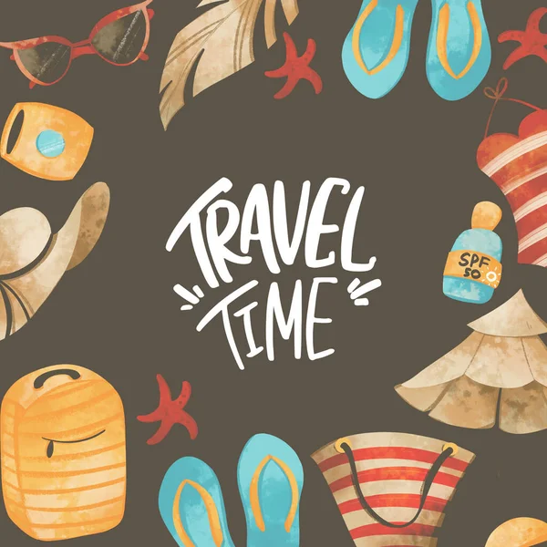 Hand lettering travel time cute square card with frame of beach items on a dark background. Print for banners, posters, cards, web, sales, stickers, textiles, paper.