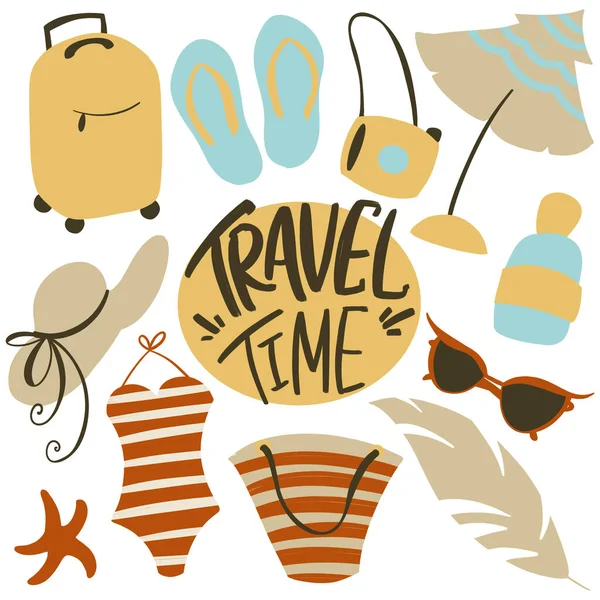 Digital flat art with emblem inscription time to travel, striped swimsuit, bag, suitcase, beach umbrella, sun protection ,. Print for posters, banners, web, cards, fabrics, paper.