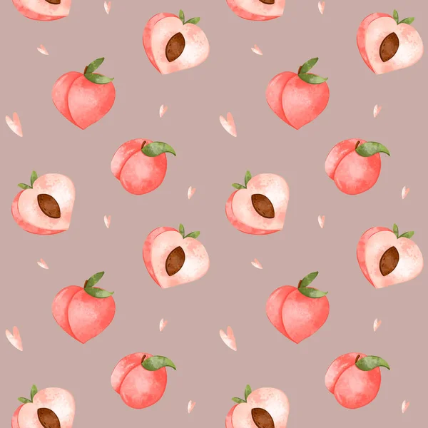 Digital art cute peach seamless pattern on a lilac background. Print for fabrics, packaging paper and packages, posters, cards, invitations, clothes, covers, web design.