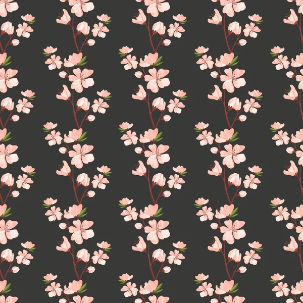 Ψηφιακή Τέχνη Χαριτωμένο Λουλούδι Ροδακινί Κλαδί Αδιάλειπτη Μοτίβο Σκούρο Φόντο — Φωτογραφία Αρχείου