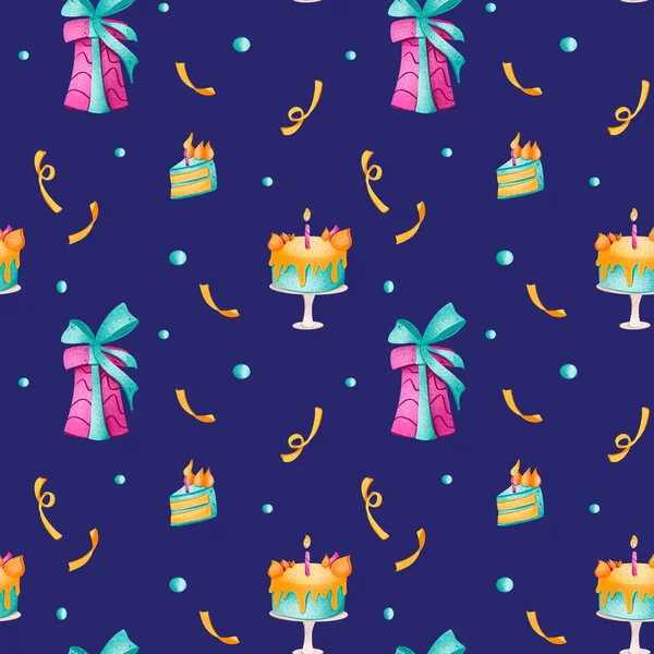 Digital art cute bright birthday seamless pattern with cake on a blue background. Print for wrapping paper, cards, banners, web design, fabrics, packaging, gift bags and boxes.