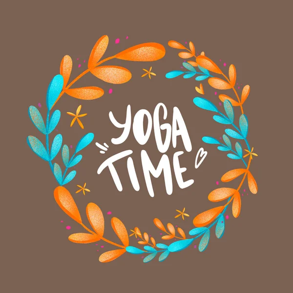 Digital bright colorful illustration square postcard lettering yoga time with turquoise orange leaves on a brown background. Print for banners, posters, invitations, fabrics, wrapping paper.