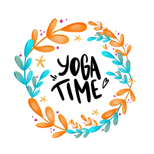 Digital bright colorful illustration square postcard lettering yoga time with turquoise orange leaves on a white background. Print for banners, posters, invitations, fabrics, wrapping paper.