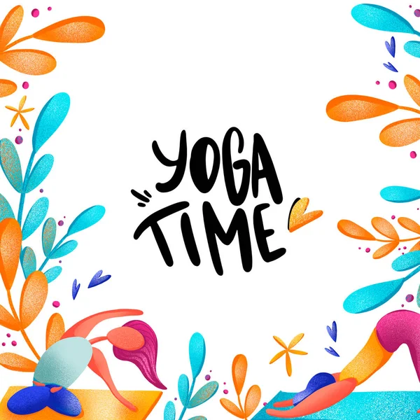 Dijital parlak renkli resimli kare kartpostal beyaz arka planda turkuaz turuncu yapraklı yoga zamanı. Afişler, posterler, davetiyeler, kumaşlar, ambalaj kağıtları için yazdır.