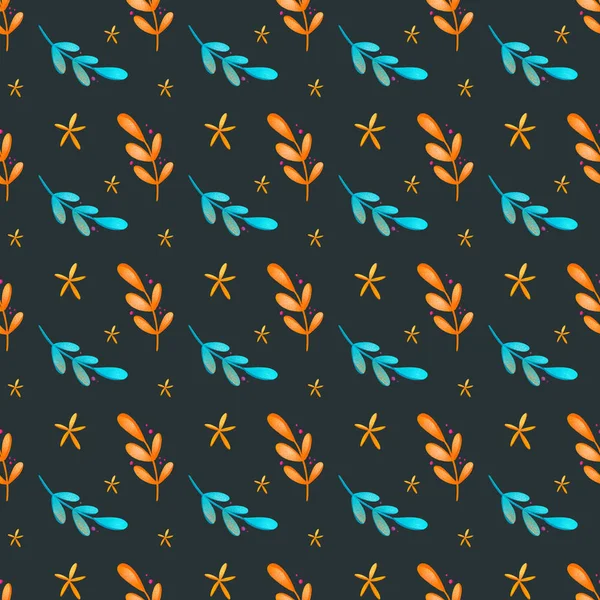 Digital bright colorful illustration seamless pattern of turquoise orange twigs with leaves on a dark background. Print for banners, posters, cards, invitations, fabrics, wrapping paper.