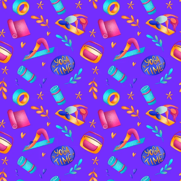 Digital bright colorful illustration of a yoga girl seamless pattern and equipment on a purple background. Print for banners, posters, cards, invitations, fabrics, wrapping paper, web design.