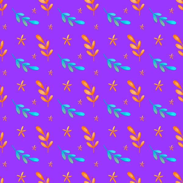 Digital bright colorful illustration seamless pattern of turquoise orange twigs with leaves on a purple background. Print for banners, posters, cards, invitations, fabrics, wrapping paper.