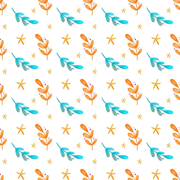 Digital bright colorful illustration seamless pattern of turquoise orange twigs with leaves on a white background. Print for banners, posters, cards, invitations, fabrics, wrapping paper.