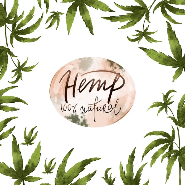 Digital Illustration Hand Lettering Hemp 100 Percent Genuine Hemp Leaves — Stock Photo, Image