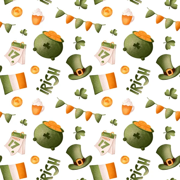 Digital illustration square seamless pattern with irish, gold, beer and flag for St. Patricks Day white background. Print for web, restaurants, banners, paper, scrapbooking, fabrics, cards.