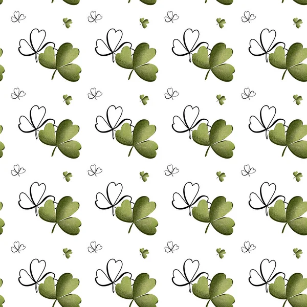 Digital illustration square seamless pattern with leaves of three-leaf clover for St. Patrick\'s Day white background. Print for web, restaurants, banners, paper, scrapbooking, fabrics, cards.