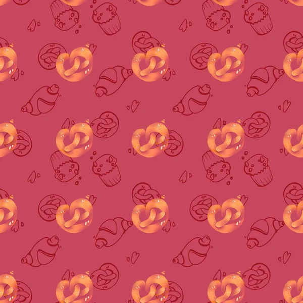 Digital Illustration Seamless Pattern Pink Background Traditional Crispy Pretzels Print — Stock Photo, Image