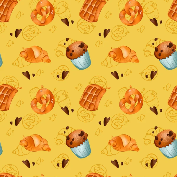 数字插图图案在明亮的黄色背景与巧克力松饼和椒盐卷饼 羊角面包 印制横幅 邀请函 咖啡店 — 图库照片