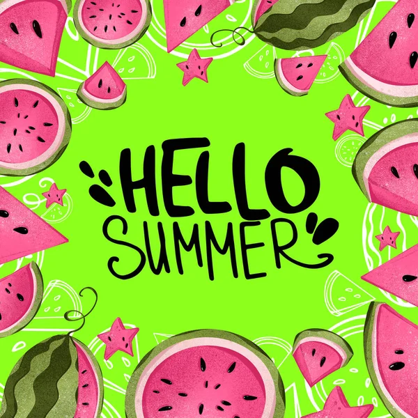 Digital Illustration Trendy Hand Lettering Hello Summer Bright Green Background — Stock Photo, Image