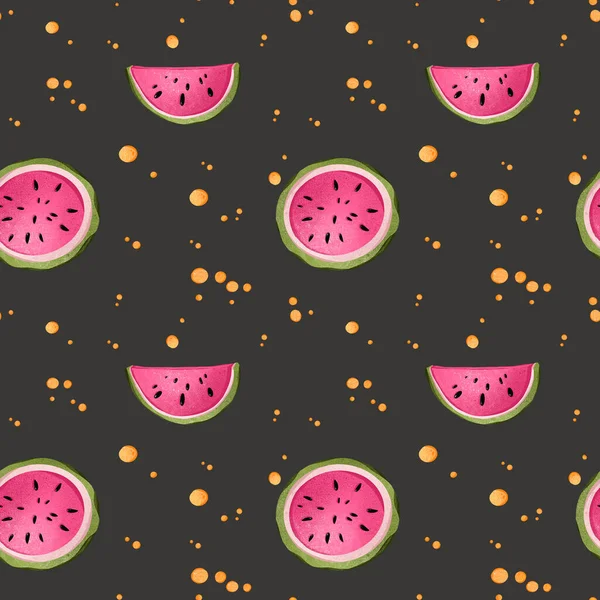 一个可爱的多汁的热粉红西瓜图案的数字图像在黑暗的背景 纺织品印刷 — 图库照片