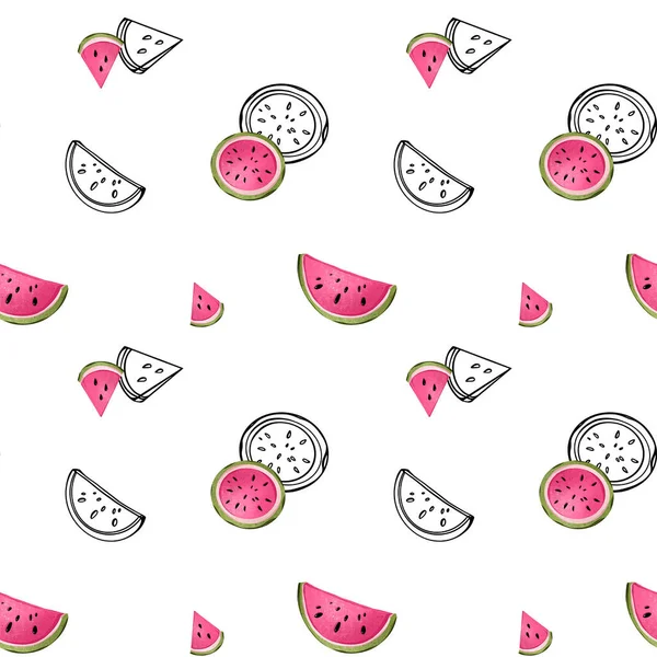 白色背景上可爱多汁的热粉红西瓜图案的数字图像 纺织品印刷 — 图库照片