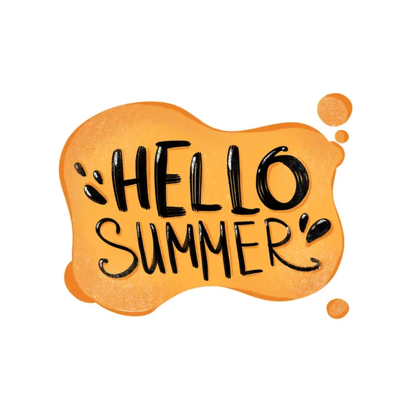 Digital Illustration Textural Handwritten Hello Summer Lettering Orange Spot Print — Stock Photo, Image