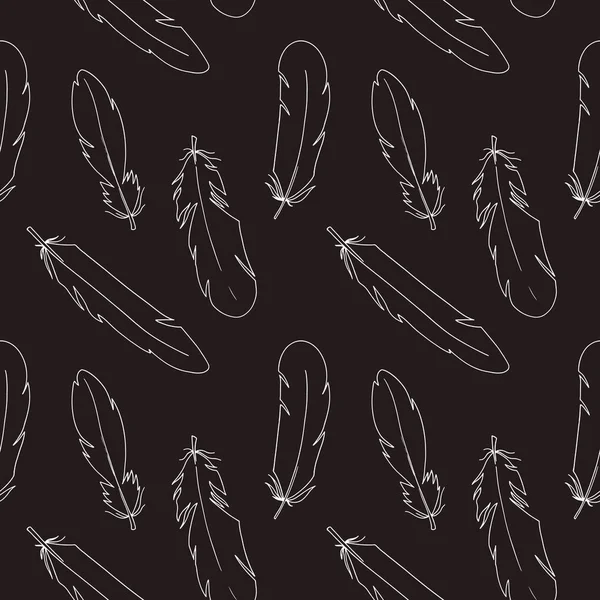 Line Cute Feathers Seamless Pattern Black Background Digital Doodle Outline — Stock Photo, Image