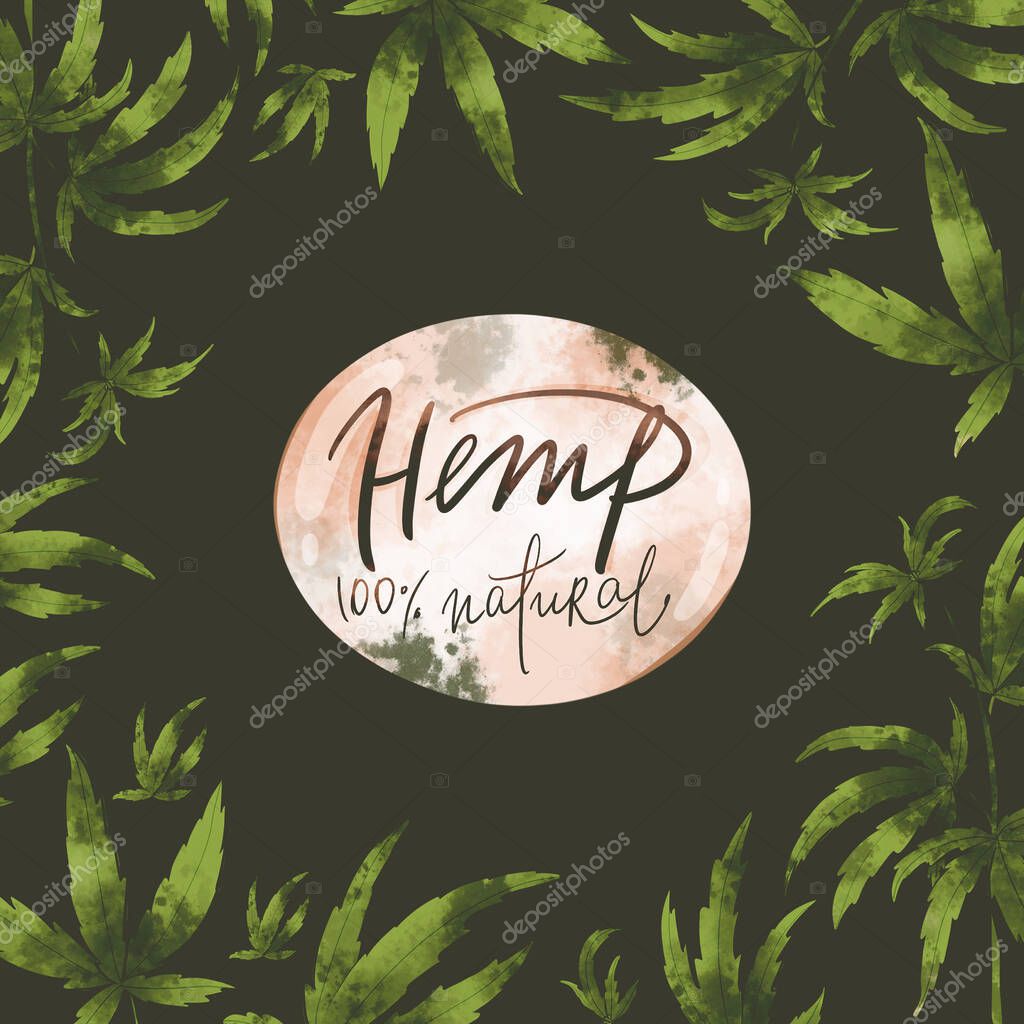 Digital illustration hand lettering Hemp 100 percent genuine and hemp leaves on a dark background. Print for fabrics, packaging, posters, banners, medical and beauty industry.