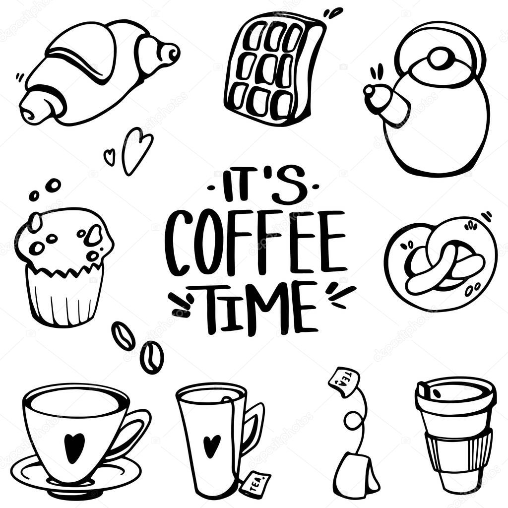 Digital illustration of a contour set with the inscription coffee time, with cups and muffin, waffle, teapot, pretzel. Print for banners, posters, cards, fabrics, invitations, cafes.