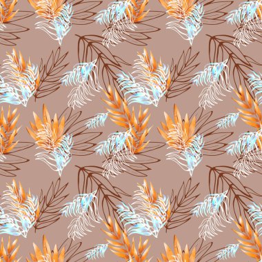 Dijital düz çizim, dikişsiz, egzotik, turuncu, şirin yaprak. Kartlar, davetiyeler, afişler, kumaşlar için yazdır.