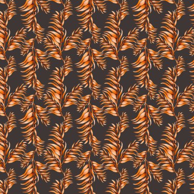 Dijital düz çizim, dikişsiz, egzotik, turuncu, şirin yaprak. Kartlar, davetiyeler, afişler, kumaşlar için yazdır.