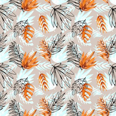 Dijital düz çizim, dikişsiz, egzotik, turuncu, şirin yaprak. Kartlar, davetiyeler, afişler, kumaşlar için yazdır.