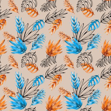 Dijital düz çizim, dikişsiz, egzotik, turuncu, şirin yaprak. Kartlar, davetiyeler, afişler, kumaşlar için yazdır.