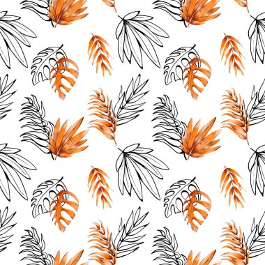 Dijital düz çizim, dikişsiz, egzotik, turuncu, şirin yaprak. Kartlar, davetiyeler, afişler, kumaşlar için yazdır.