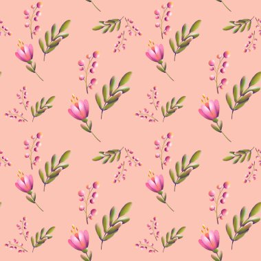 Son moda çiçek deseninin dijital çizimi. Küçük laleler, yapraklar ve dikişsiz bir dokuda böğürtlen. Kartlar, pankartlar, kumaşlar, davetiyeler için yaz ve bahar motifi.