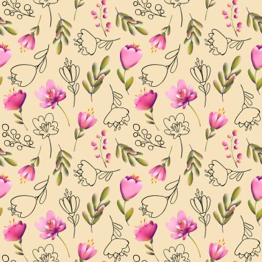 Son moda çiçek deseninin dijital çizimi. Küçük laleler, yapraklar ve dikişsiz bir dokuda böğürtlen. Kartlar, pankartlar, kumaşlar, davetiyeler için yaz ve bahar motifi.