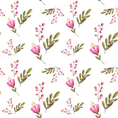 Son moda çiçek deseninin dijital çizimi. Küçük laleler, yapraklar ve dikişsiz bir dokuda böğürtlen. Kartlar, pankartlar, kumaşlar, davetiyeler için yaz ve bahar motifi.