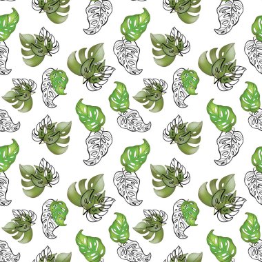 Dijital illüstrasyon deseni. Yaratıcı yeşil-pembe tropik doku yaprakları. Kumaşlar, kağıtlar, davetiyeler, kartlar, hatıra defterleri için çocuklar için kalem biçiminde bir baskı.