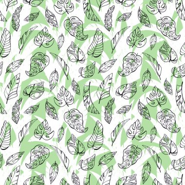 Dijital illüstrasyon deseni. Yaratıcı yeşil-pembe tropik doku yaprakları. Kumaşlar, kağıtlar, davetiyeler, kartlar, hatıra defterleri için çocuklar için kalem biçiminde bir baskı.
