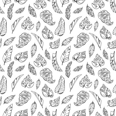 Dijital illüstrasyon kalıpları yaratıcı ana hatları siyah çizgili tropik doku yaprakları. Kumaş, kağıt, davetiye, kart, hatıra defteri, boyama için çocuk tarzında yazdırma.