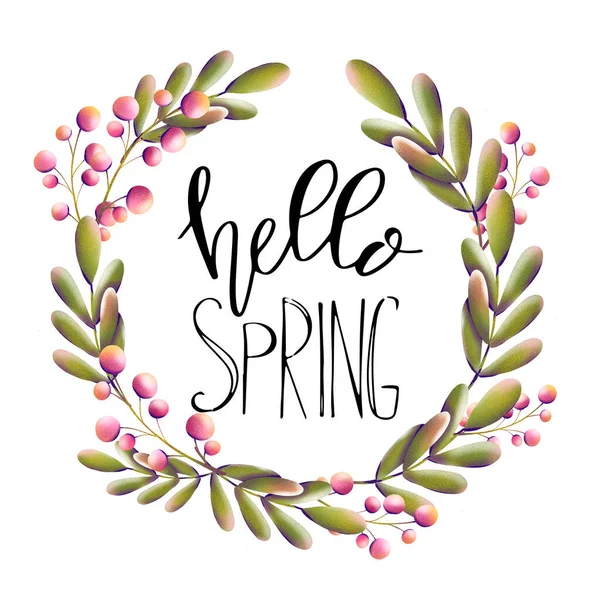 Digital Illustration Square Poster Postcard Handwritten Hello Spring Lettering Frame — Stock Photo, Image