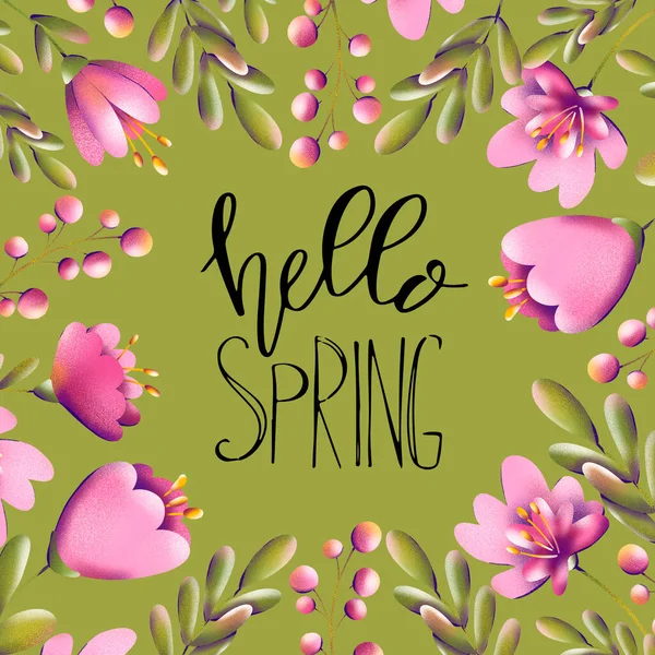 Digital Illustration Square Card Handwritten Hello Spring Lettering Frame Pink — Stock Photo, Image