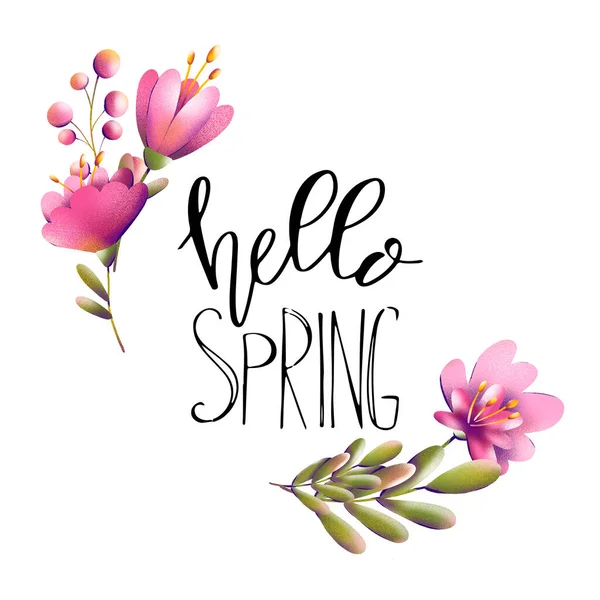 手書きのハロー春のレタリングとピンクのチューリップの花や緑の枝のフレームとデジタルイラストの正方形のポスターのポストカード バナー ウェブデザインや投稿のための印刷 — ストック写真