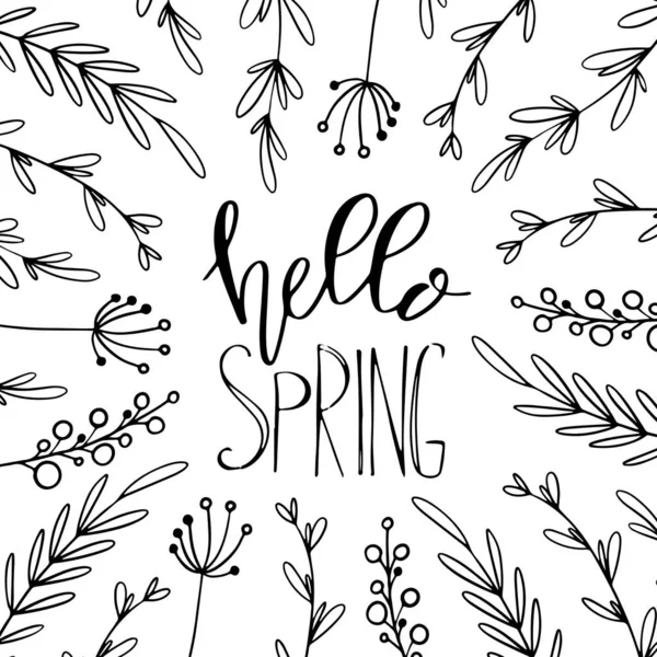 Digital illustration a square postcard with a black handwritten hello spring lettering and a frame of black twigs on a white background. Print for fabrics, paper, banner, design and posts.